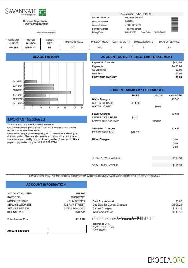 USA Georgia Savannah utility bill template in Word and PDF format
